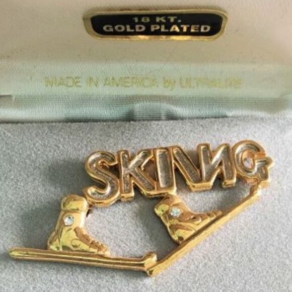 Vintage Diamond 18KT Gold Plated Ski Pin Made in America by Ultralite- Orig. Box - Picture 7 of 13
